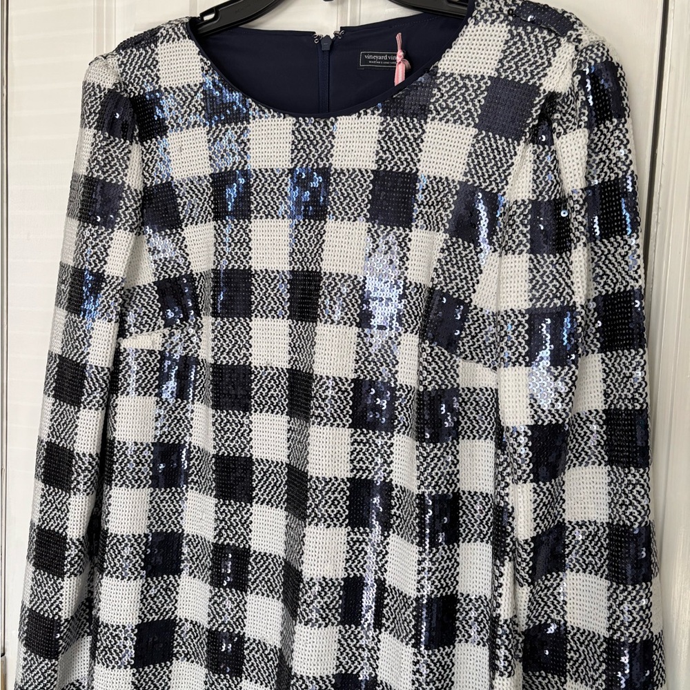 VINEYARD VINES•navy blue/white buffalo check sequin mini dress Medium NWT - Picture 5 of 7